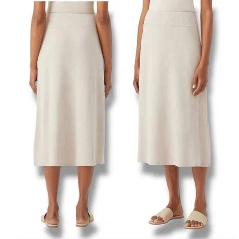 Eileen Fisher Ribbed Tencel Lyocell & Refibra Midi‎ Skirt in Oat/Taupe - Size 1X